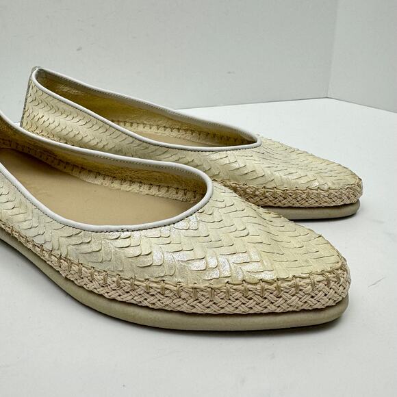 The Flexx | Metallic Ivory Cream Leather Texture Pointed Toe Espadrille Flats - Picture 7 of 12